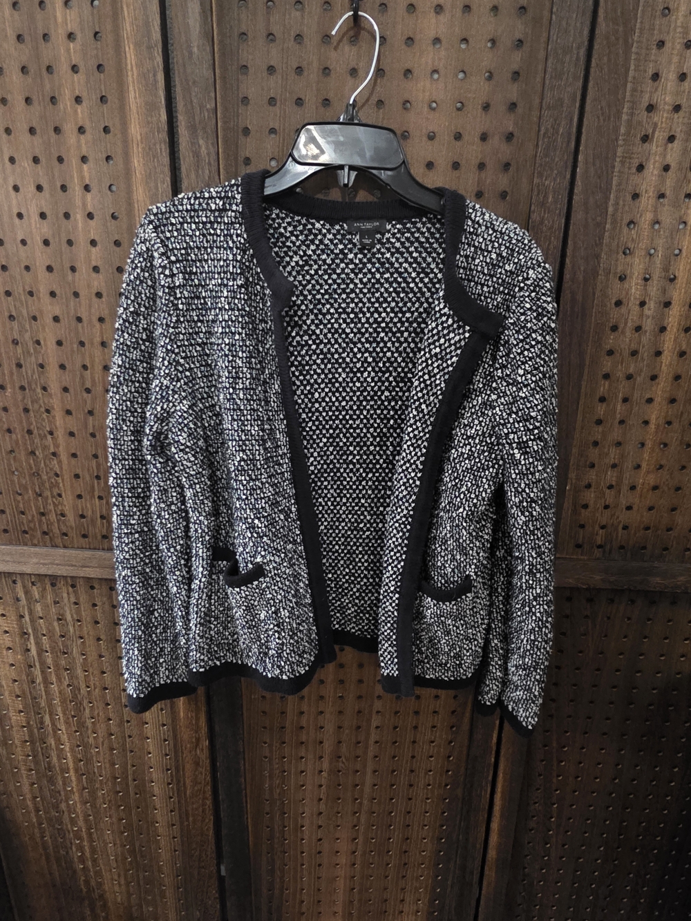 Ann Taylor Black & White Textured Open-Front Cardigan